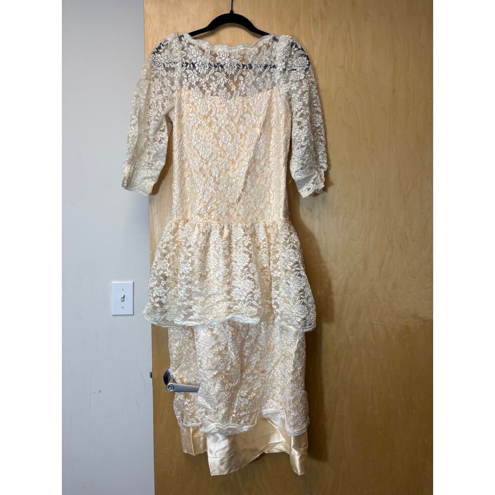 VINTAGE 80s Floral Lace Dress Womens Cream Satin Peplum Bridal Formal Party XS